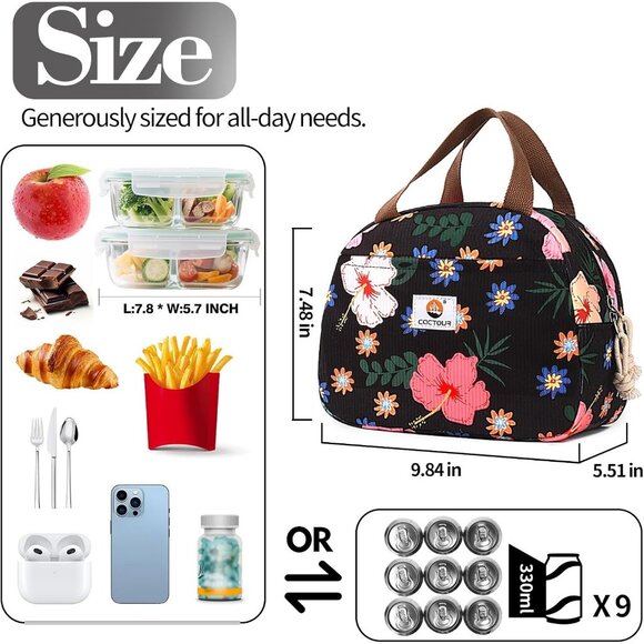 Cute Corduroy Lunch Box for Women & Teens, Insulated Flower Tote for Work - Picture 5 of 8